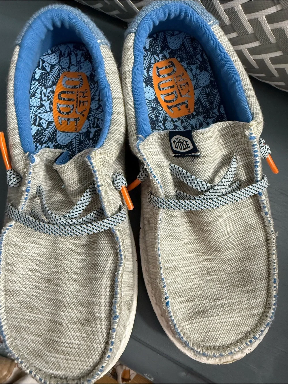 Hey Dude Lightweight Slip-On Loafers in Natural and Blue with Orange Accents
